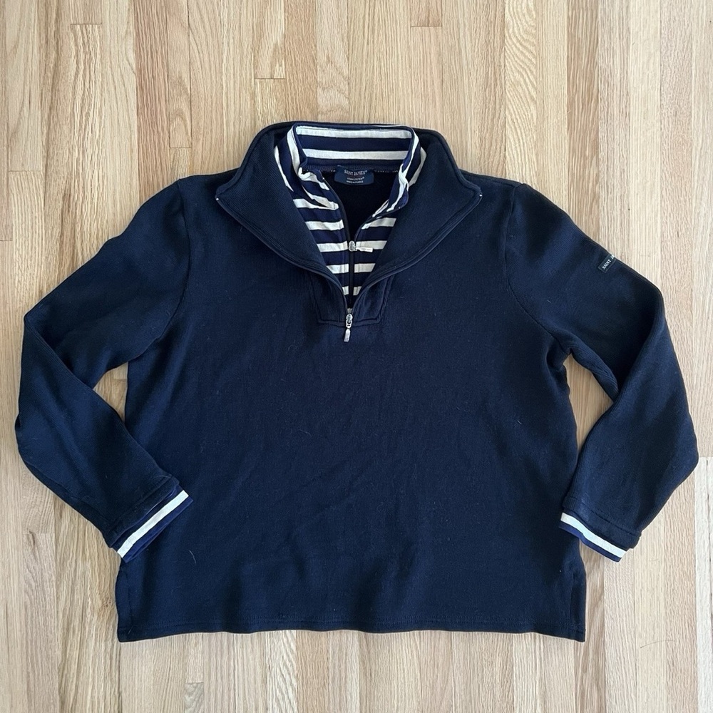 Saint James Navy Quarter Zip Sweater with Striped Accents